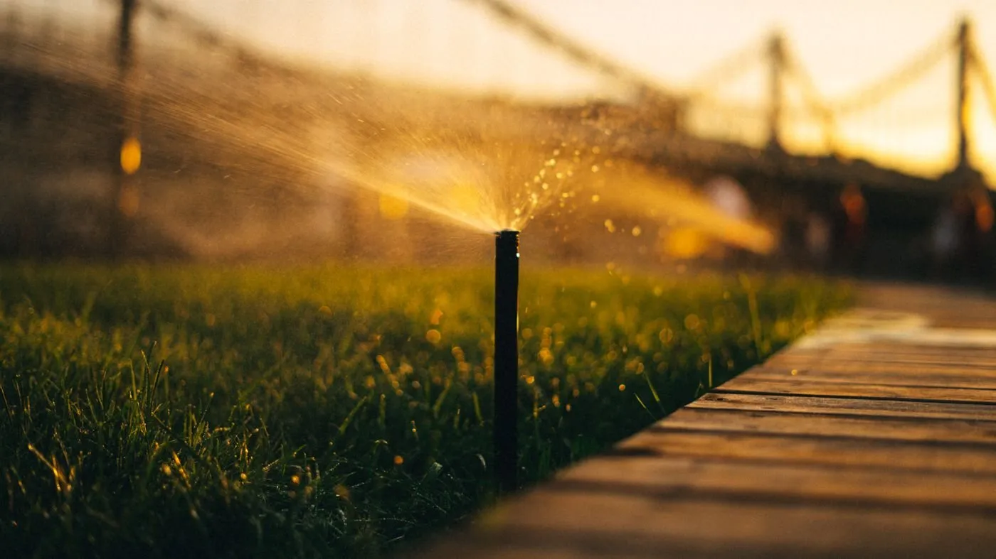 Irrigation sprinklers on a healthy green lawn