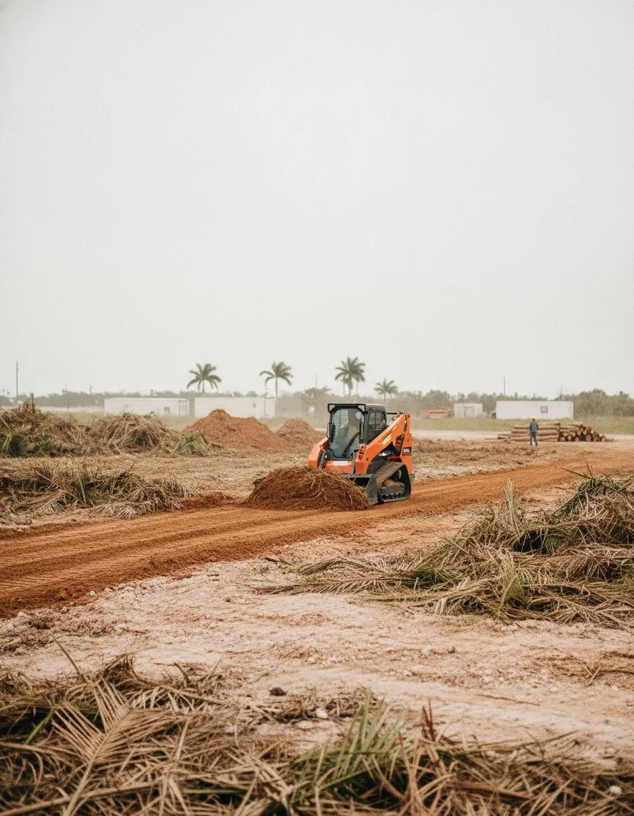 A track loader clearing and grading a lot