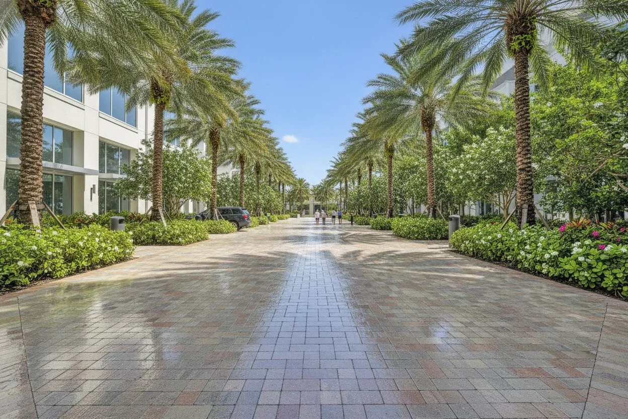 A freshly pressure-cleaned commercial walkway